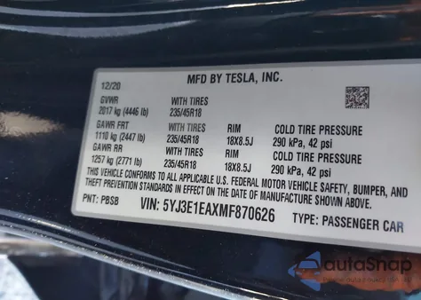 2021 Tesla Model 3 Standard Range Plus Rear-Wheel Drive from USA, damaged, VIN 5YJ3E1EAXMF870626